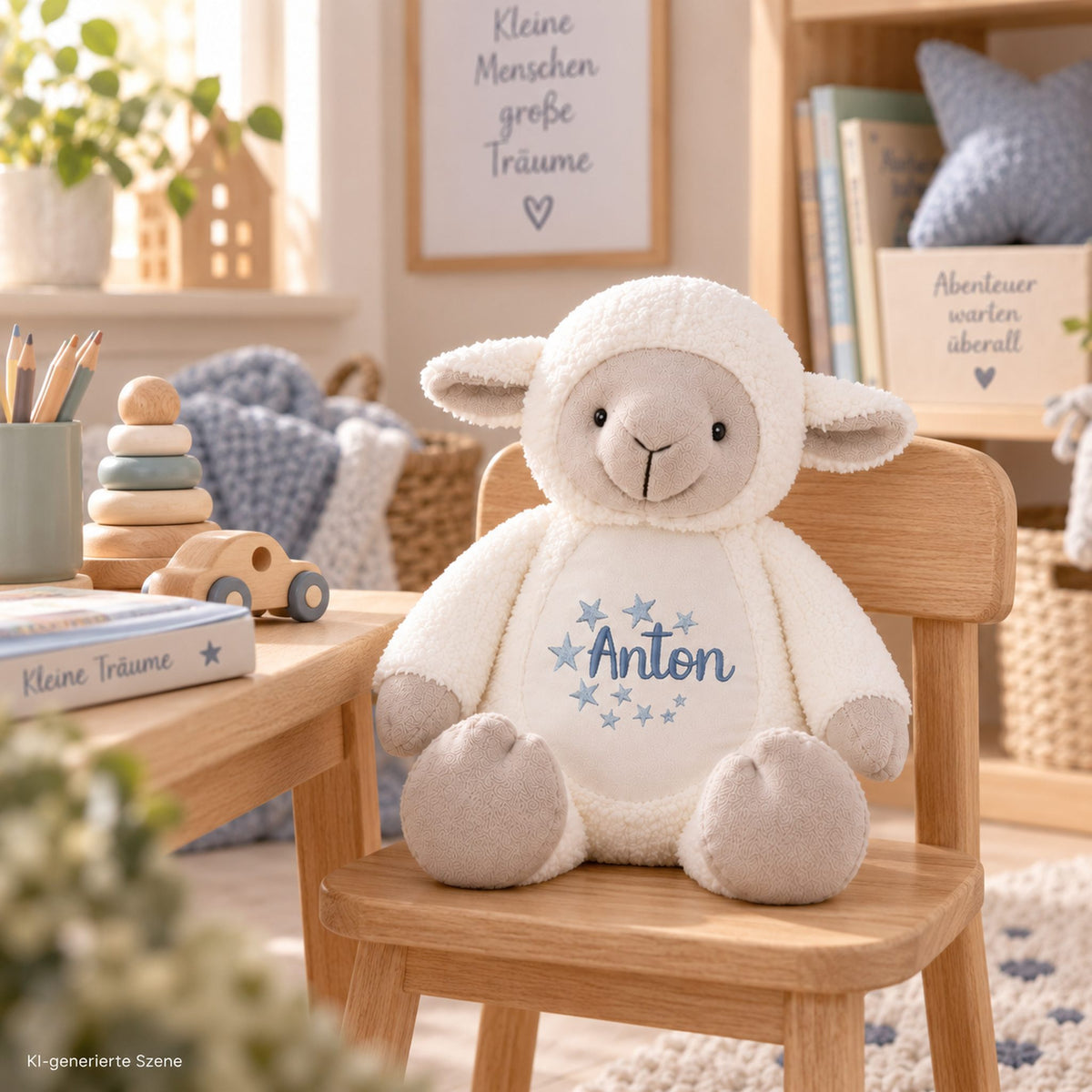 Personalisiertes Kuscheltier Lamm mit Name Anton und Sternen im hellen Kinderzimmer