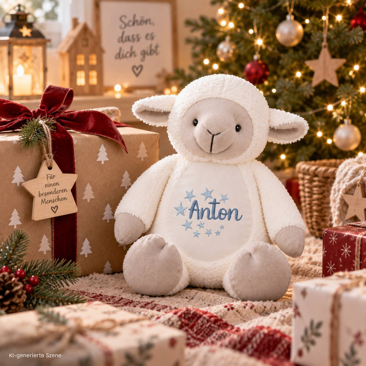 Personalisiertes Kuscheltier Lamm Anton mit Namen als Weihnachtsgeschenk für Kinder