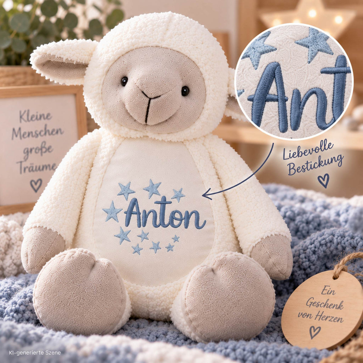 Detail der blauen Namensstickerei Anton mit Sternen auf dem personalisierten Kuscheltier Lamm