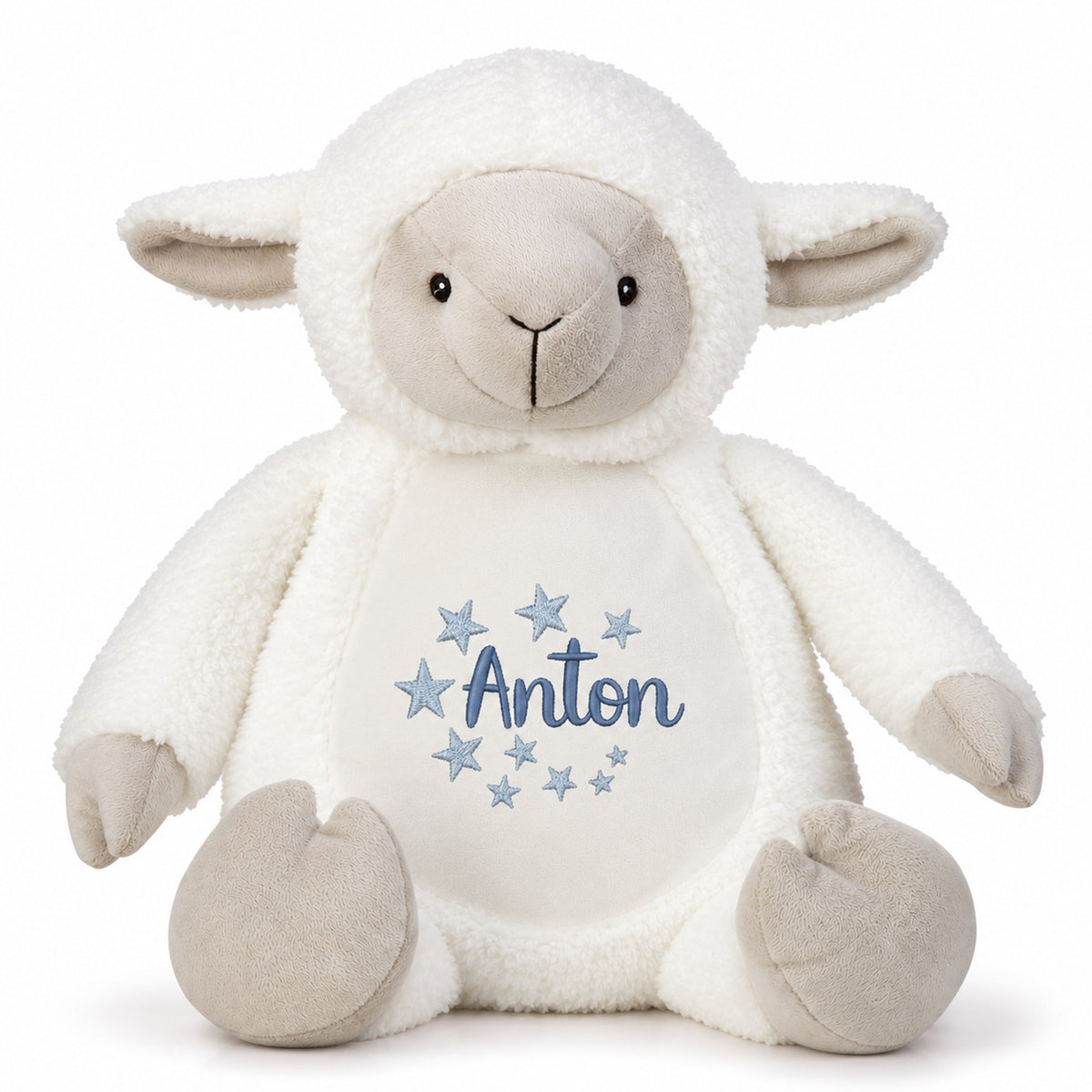 Personalisiertes Kuscheltier Lamm mit Name Anton und Sternen – besticktes Lamm als Geschenk 