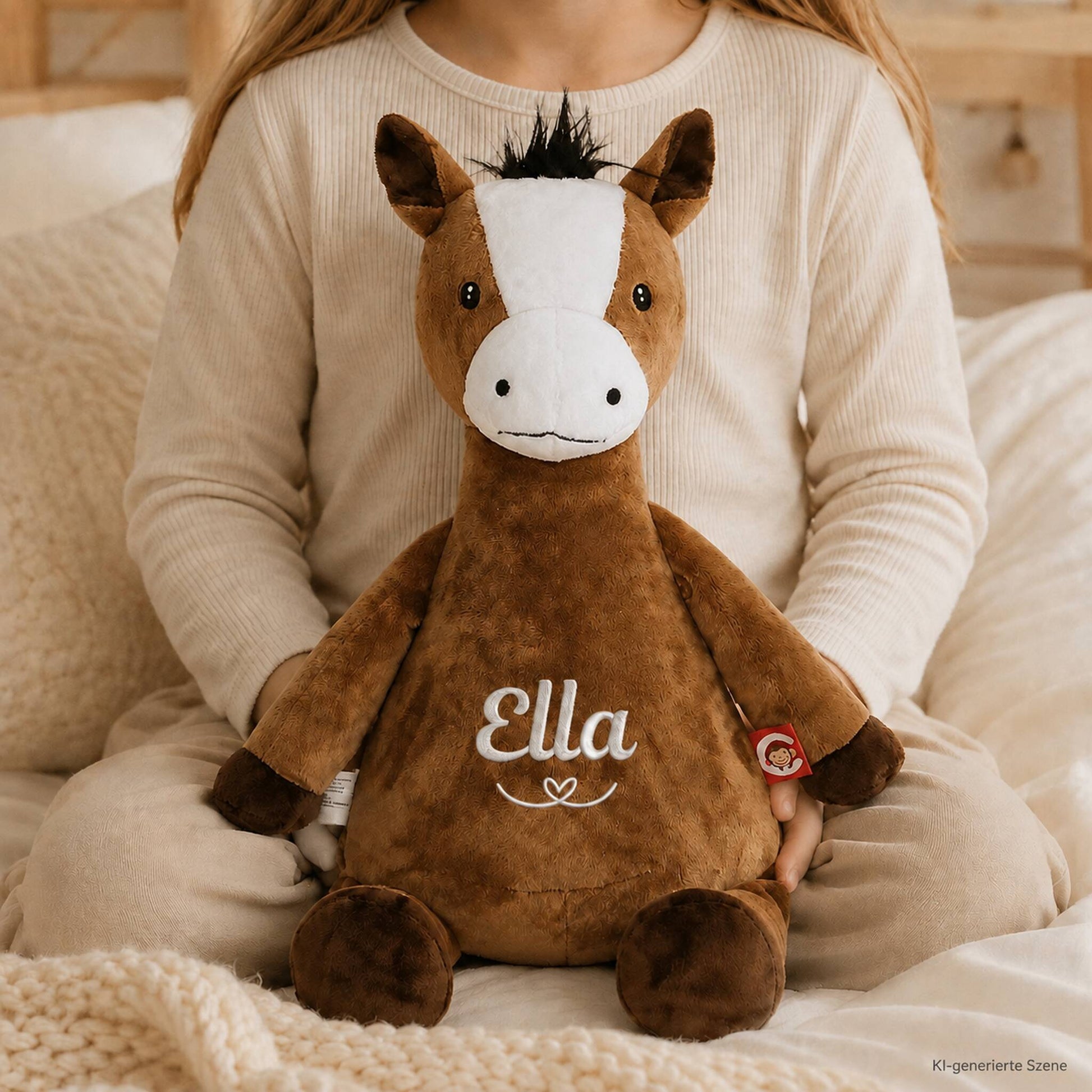 Kind hält personalisiertes Kuscheltier Pferd mit bestickten Namen im Arm