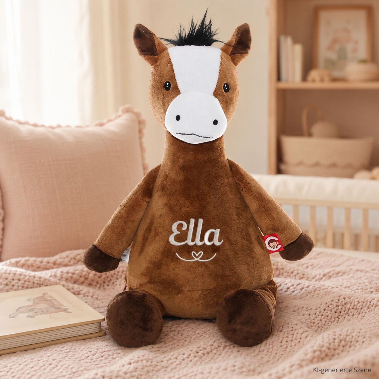 Personalisiertes Kuscheltier Pferd mit Namen Ella in einer gemütlichen Vorleseecke im Kinderzimmer