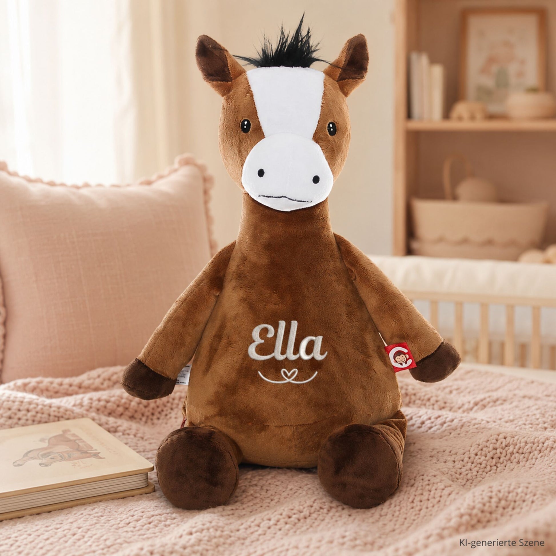 Personalisiertes Kuscheltier Pferd mit Namen Ella in einer gemütlichen Vorleseecke im Kinderzimmer