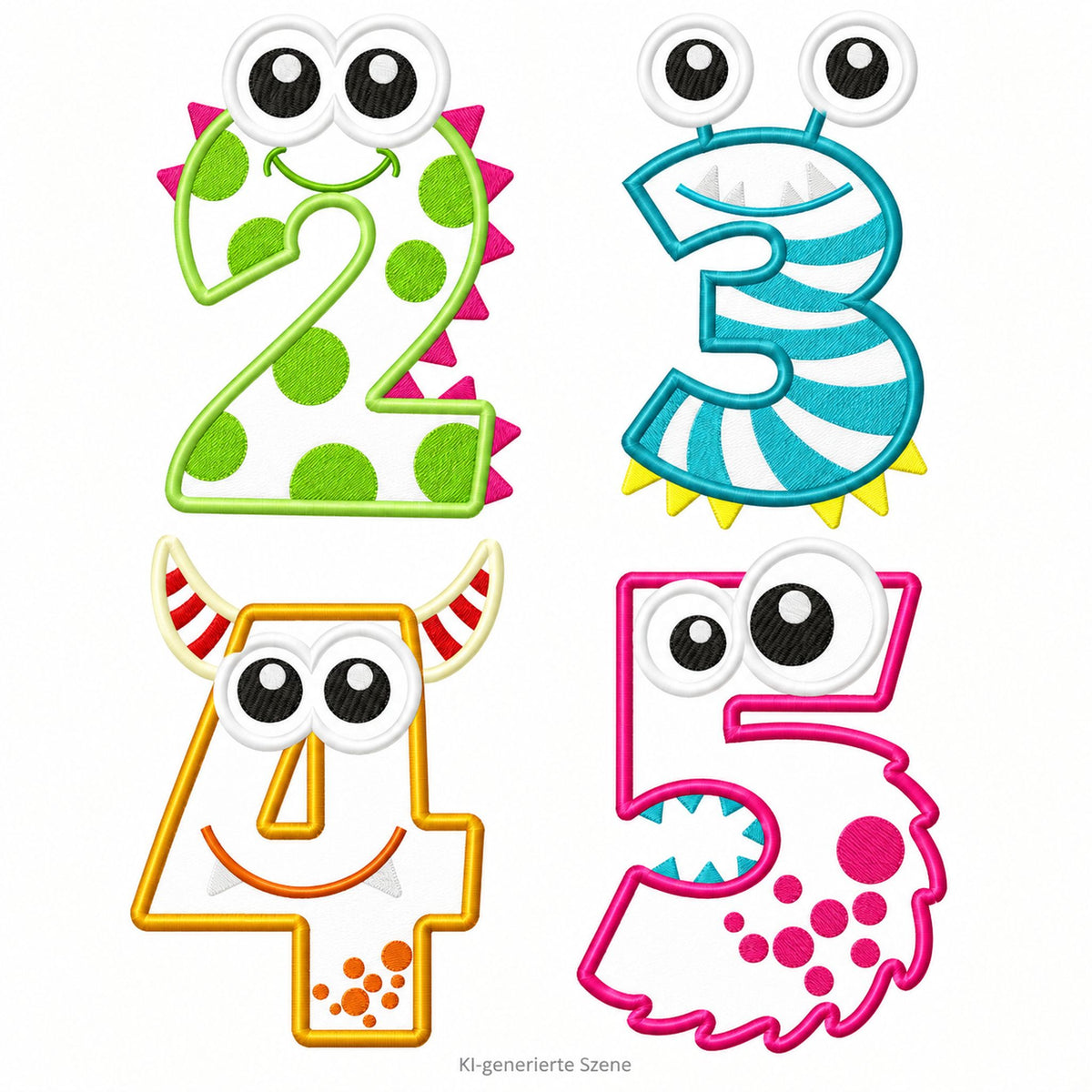 Monsterzahlen 2, 3, 4 und 5 als farbenfrohe Stickmotive für personalisierte Geburtstagsshirts für Kinder