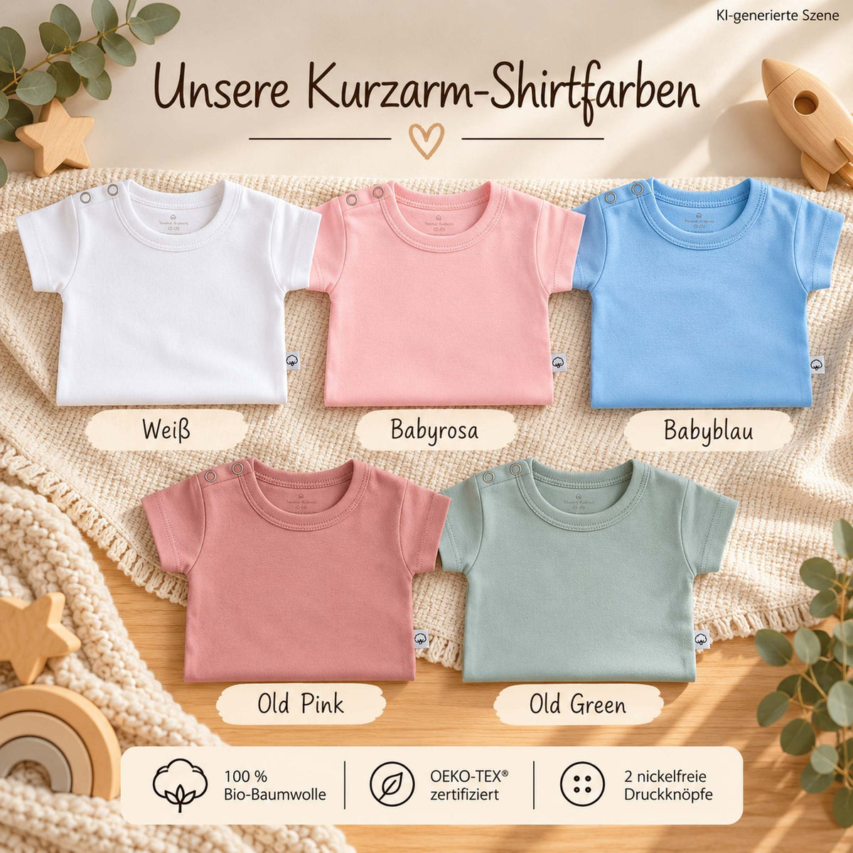Farbübersicht für personalisierte Kurzarmshirts für Babys und Kinder in Weiß, Babyrosa, Babyblau, Old Pink und Old Green aus 100 % Bio-Baumwolle, OEKO-TEX® zertifiziert