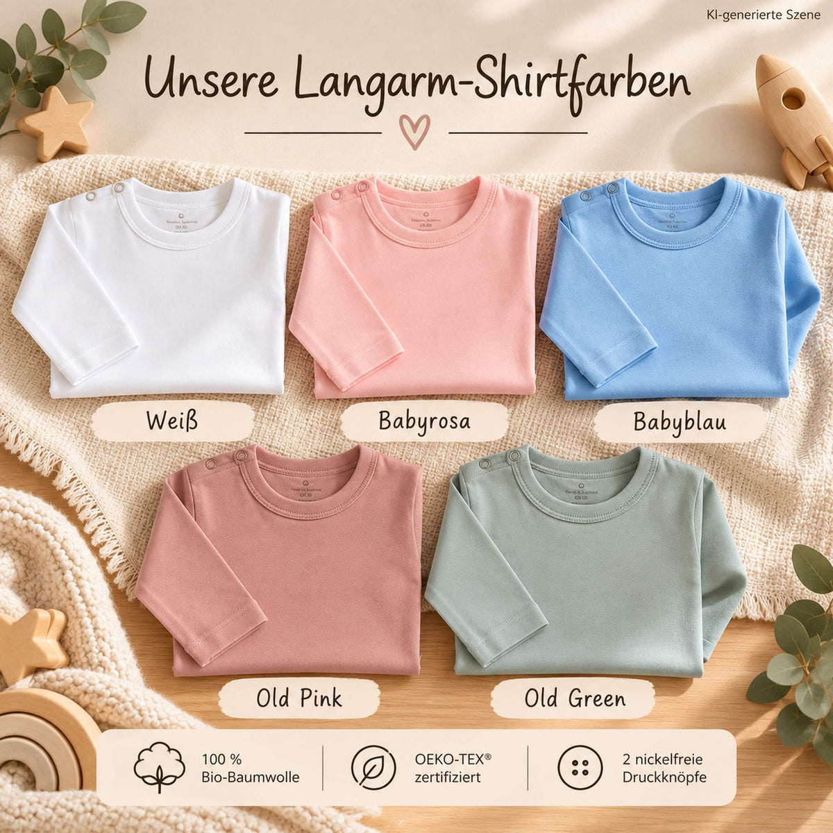Farbübersicht für personalisierte Langarmshirts für Babys und Kinder in Weiß, Babyrosa, Babyblau, Old Pink und Old Green aus 100 % Bio-Baumwolle, OEKO-TEX® zertifiziert