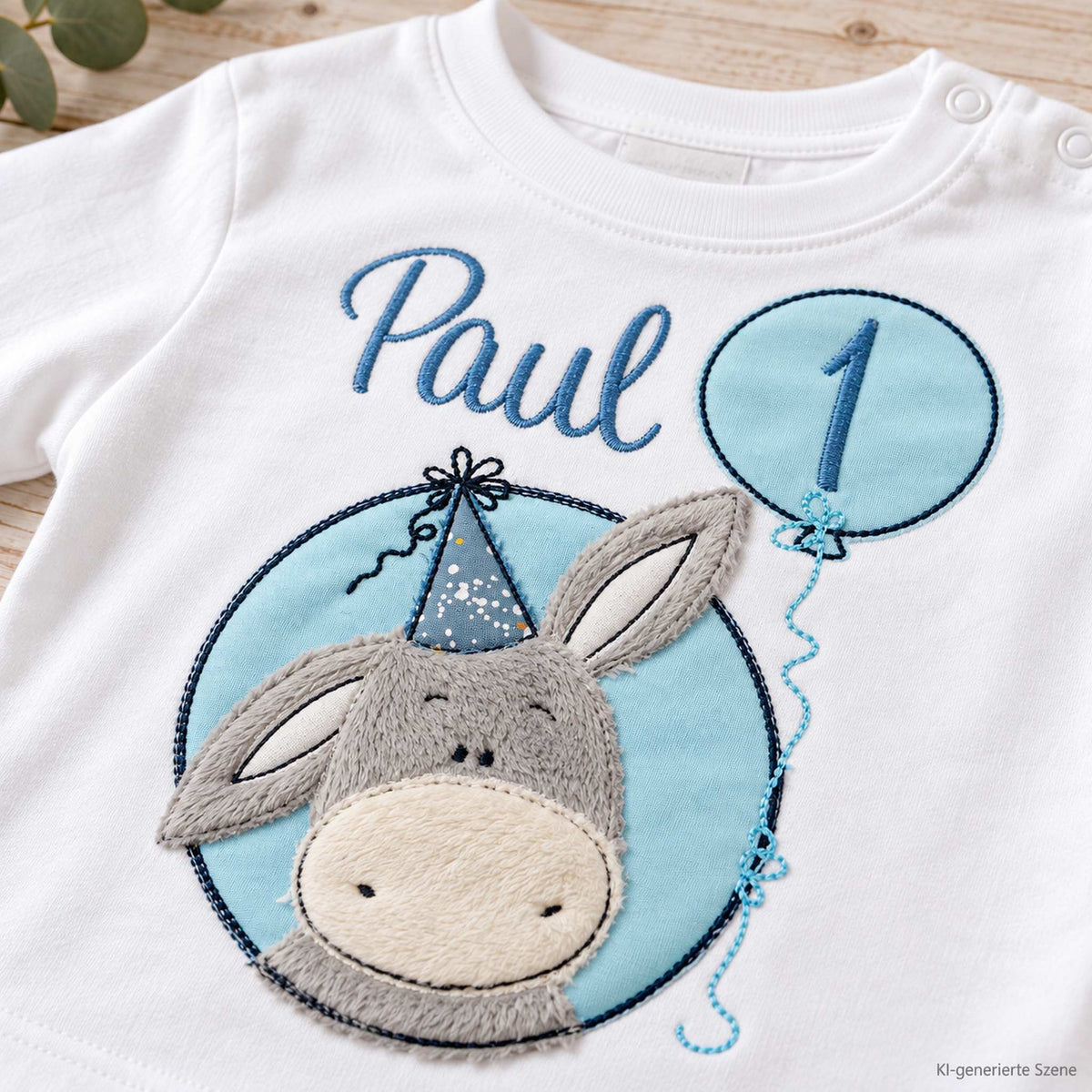 Detailaufnahme eines personalisierten Geburtstagsshirts mit Eselmotiv, Name Paul und Zahl 1 in Blau