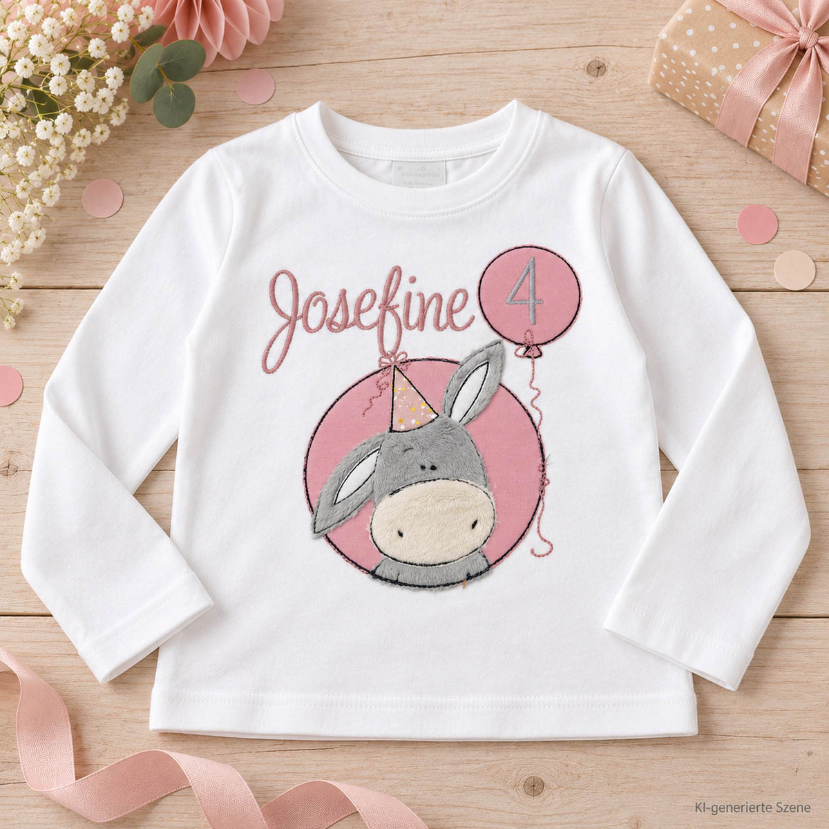 Personalisiertes Geburtstagsshirt für Mädchen mit Eselmotiv, Name Josefine und Zahl 4 in Rosa