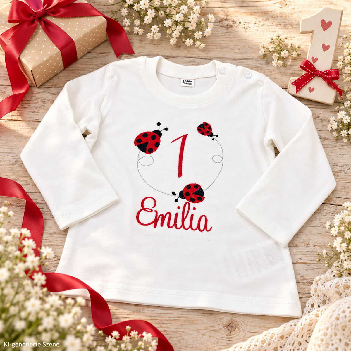 Personalisiertes Geburtstagsshirt mit Marienkäfern, Name Emilia und Zahl 1 als Geschenk zum ersten Geburtstag