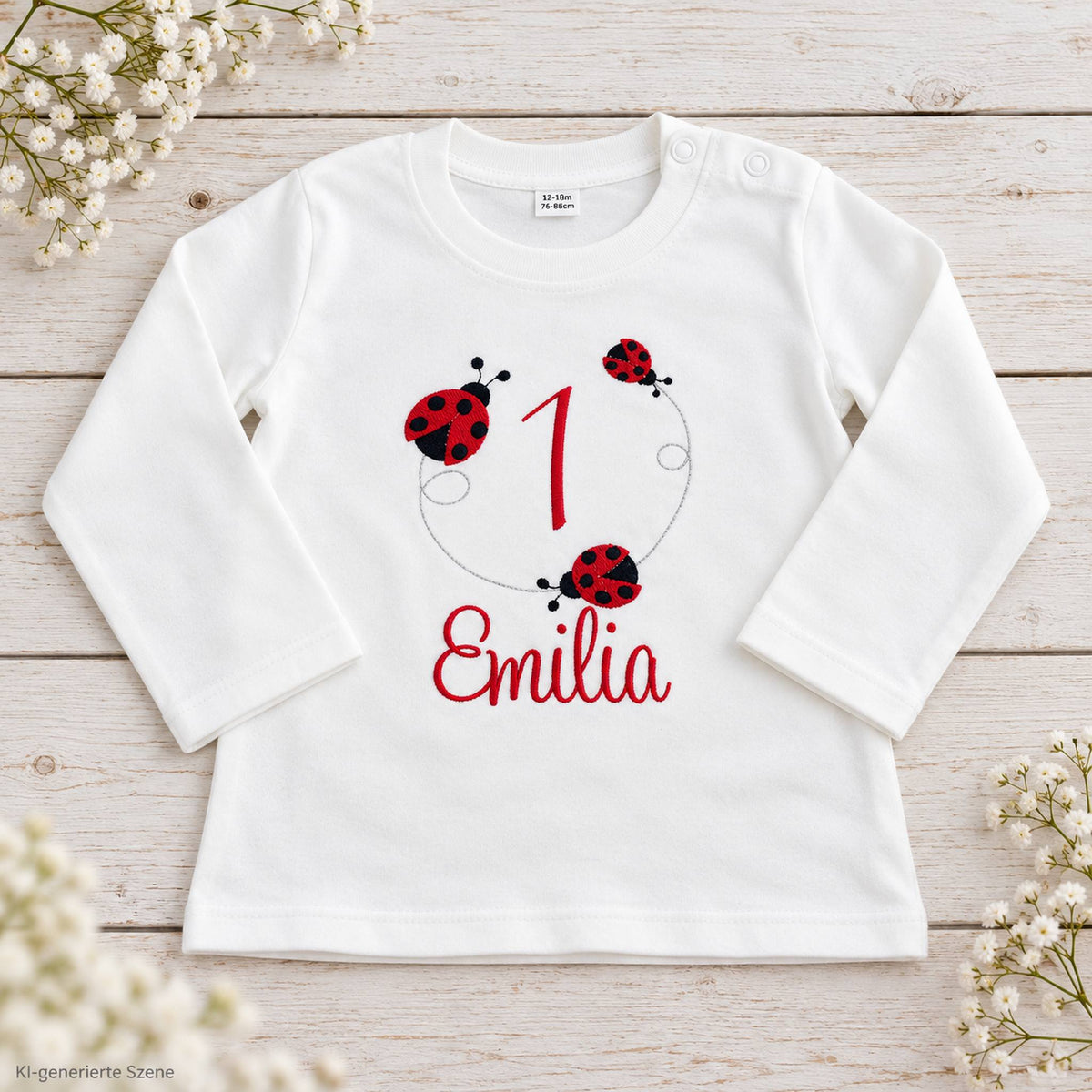 Personalisiertes Geburtstagsshirt mit Marienkäfern, Name Emilia und Zahl 1 auf hellem Holzuntergrund