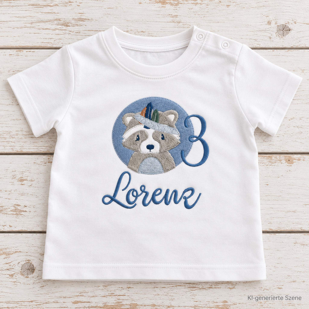 Personalisiertes Geburtstagsshirt für Babys und Kinder mit Waschbär, Name und Zahl als hochwertige Stickerei