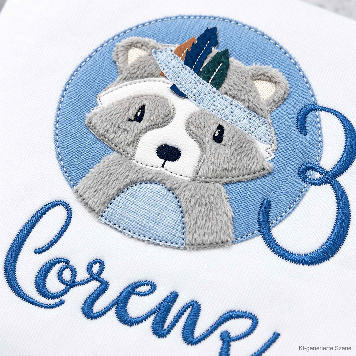 Detailaufnahme der Stickerei eines personalisierten Geburtstagsshirts mit Waschbär, Name Lorenz und Zahl 3