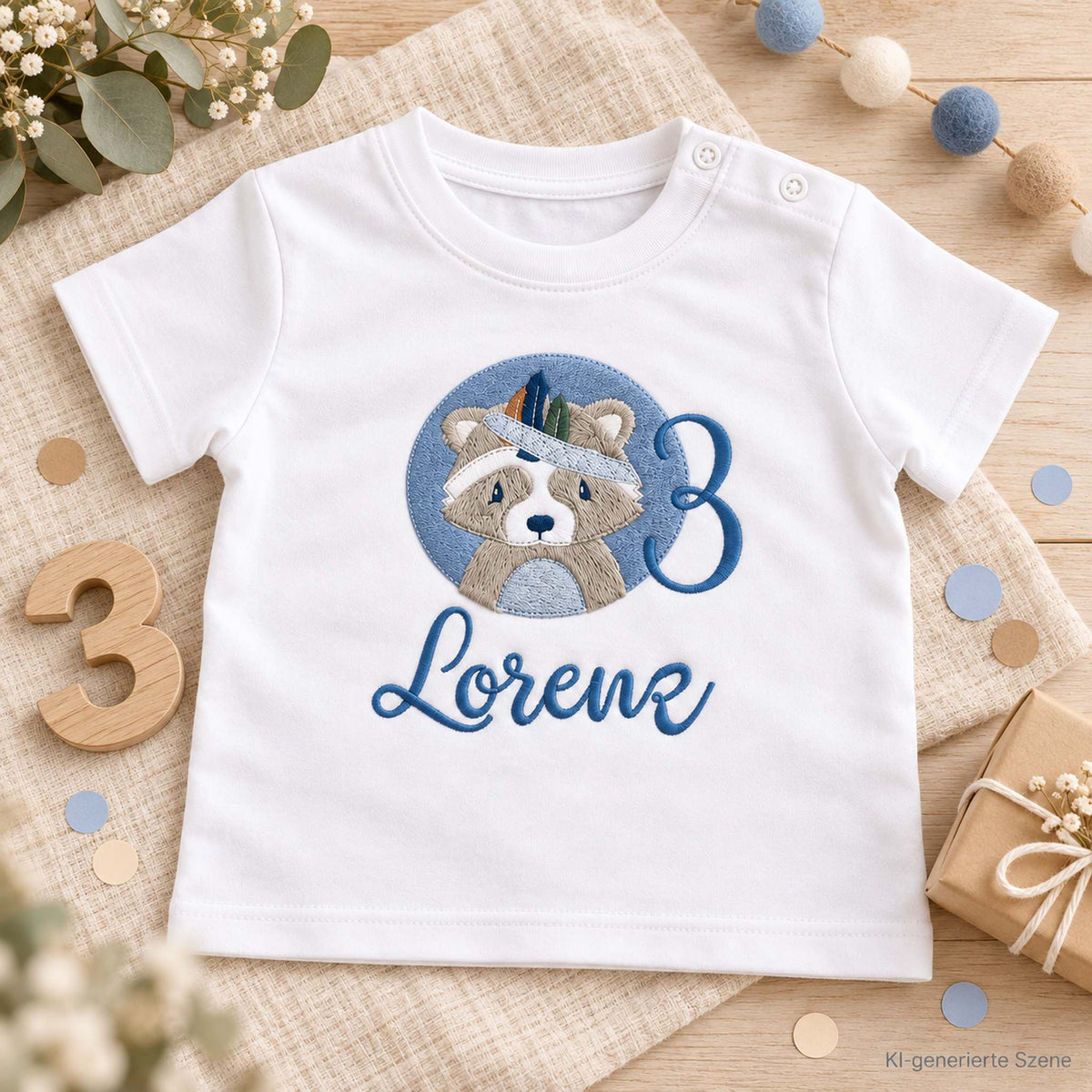 Personalisiertes Geburtstagsshirt mit Waschbär, Name und Zahl 3 als hochwertige Stickerei in einer hellen Geburtstagsdekoration