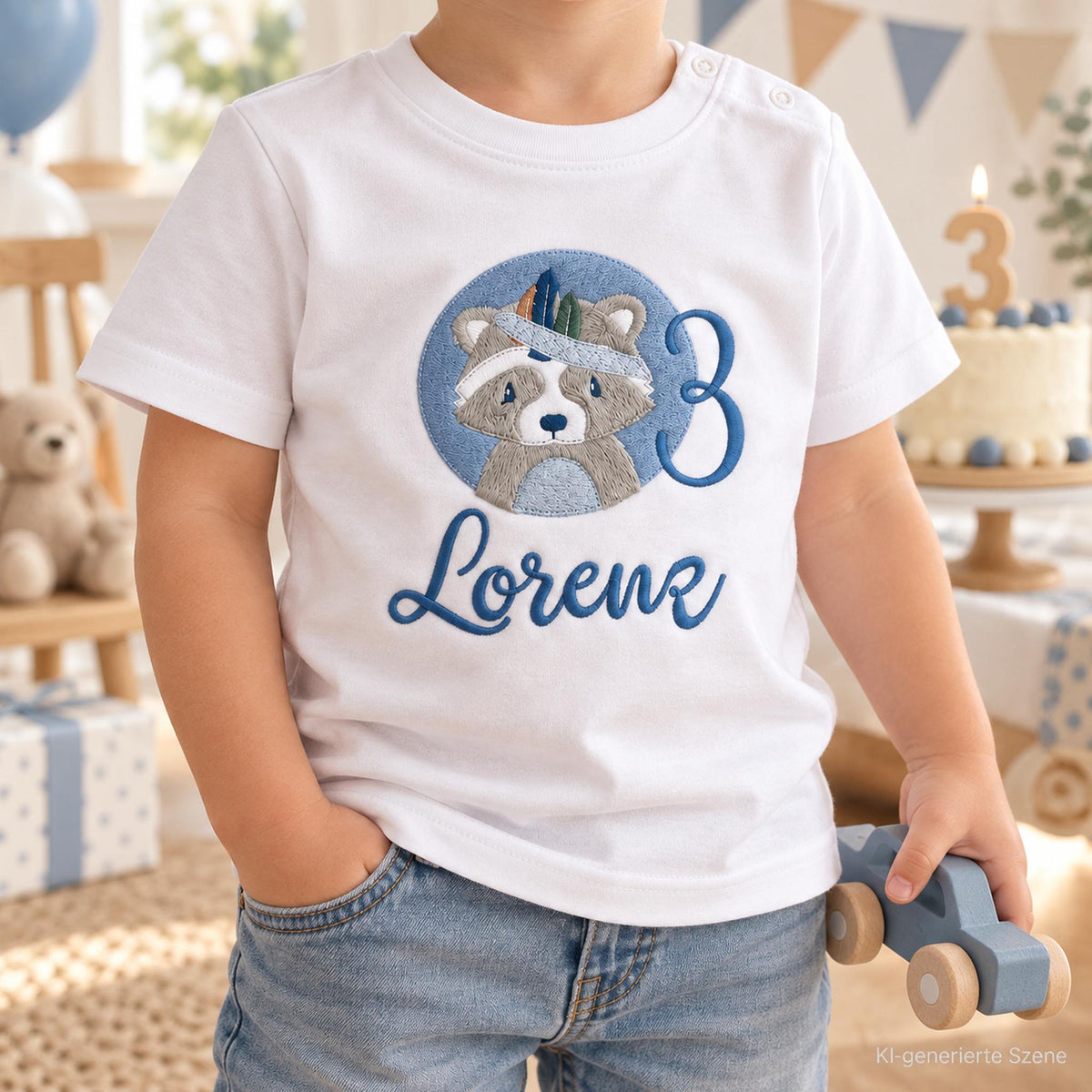 Dreijähriger Junge trägt personalisiertes Geburtstagsshirt mit Waschbär, Name und Zahl, Kopf nicht sichtbar