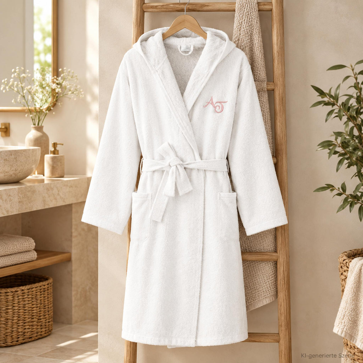 Weißer Bademantel mit individueller Stickerei in elegantem Spa-Ambiente