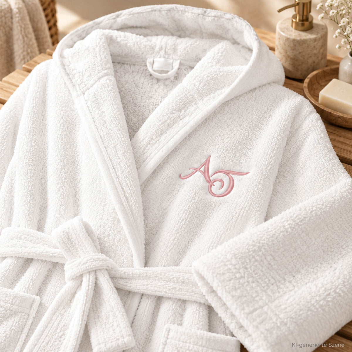 Detailansicht personalisierter Bademantel mit rosa Monogramm in heller Wellness-Oase