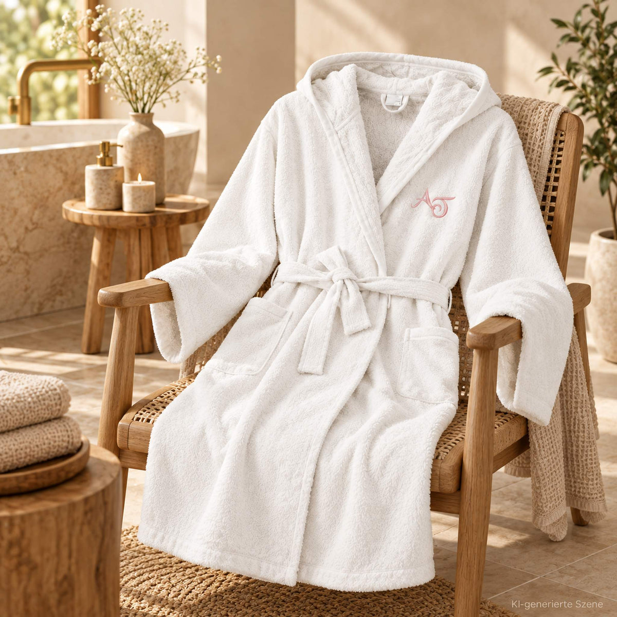 Personalisierter weißer Bademantel mit rosa Monogramm für entspannte Spa-Momente
