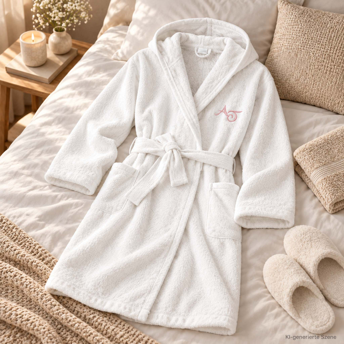 Weißer Bademantel mit individueller Stickerei in elegantem Spa-Ambiente