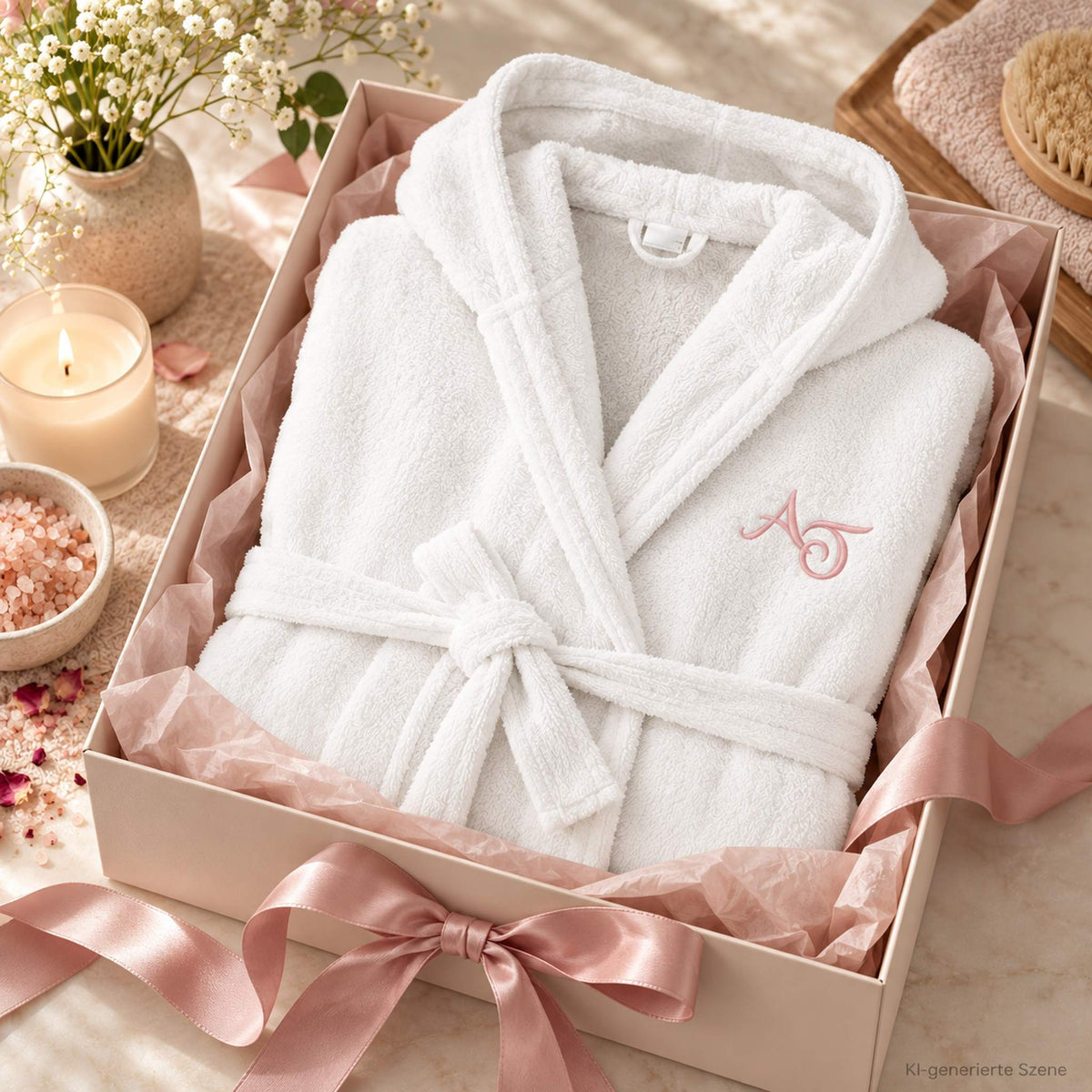 Weißer Bademantel mit rosa Initialen als personalisiertes Geschenk in Geschenkbox