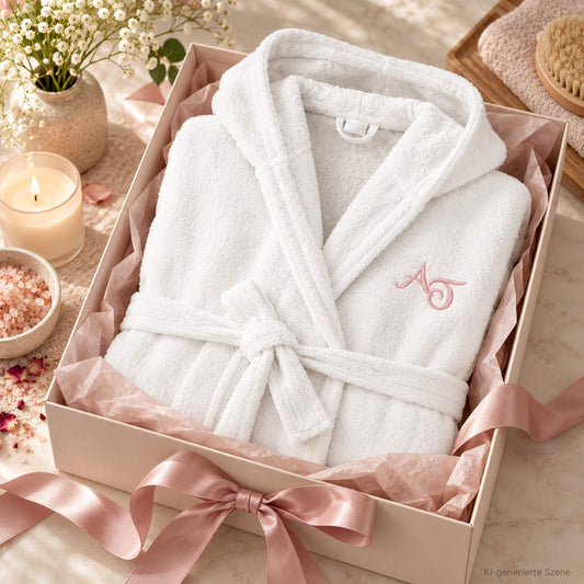 Weißer Bademantel mit rosa Initialen als personalisiertes Geschenk in Geschenkbox
