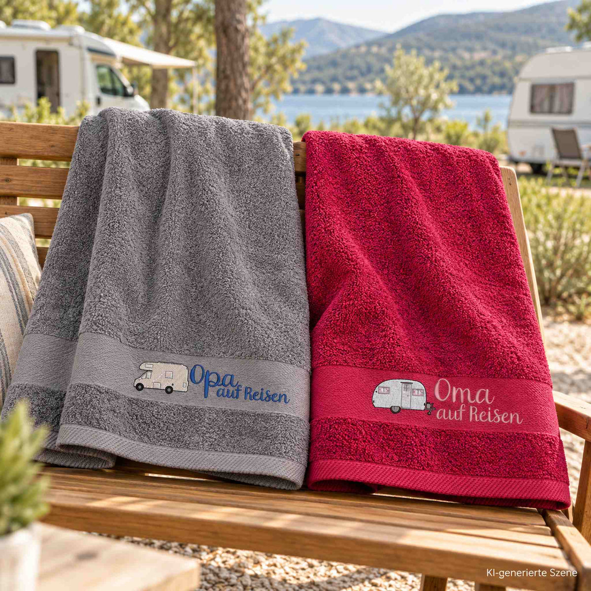 Personalisiertes Camping Handtuch mit Wohnwagen Motiv und Oma auf Reisen am Bergsee
