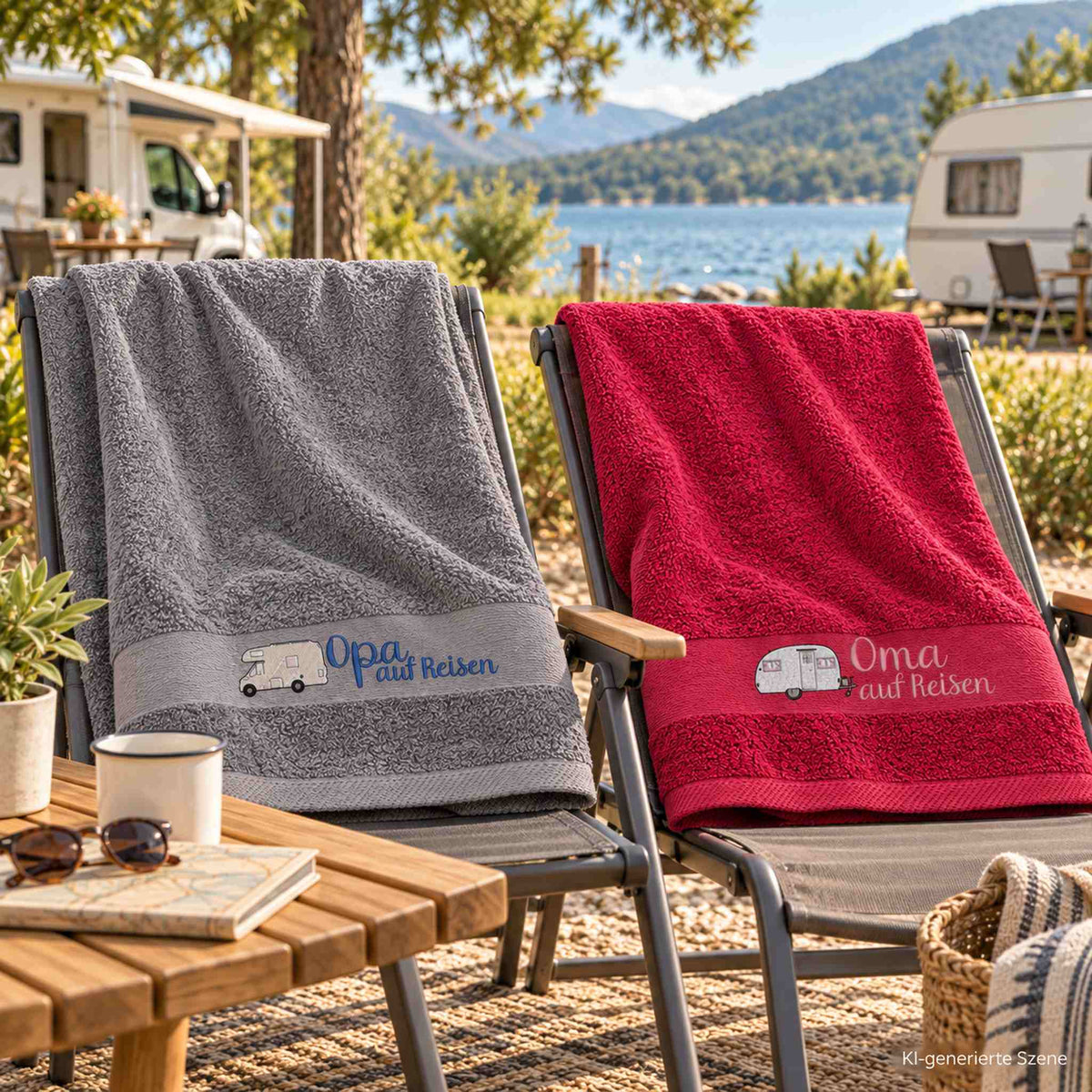 Bestickte Handtücher für Camper mit Oma und Opa auf Reisen am Campingplatz