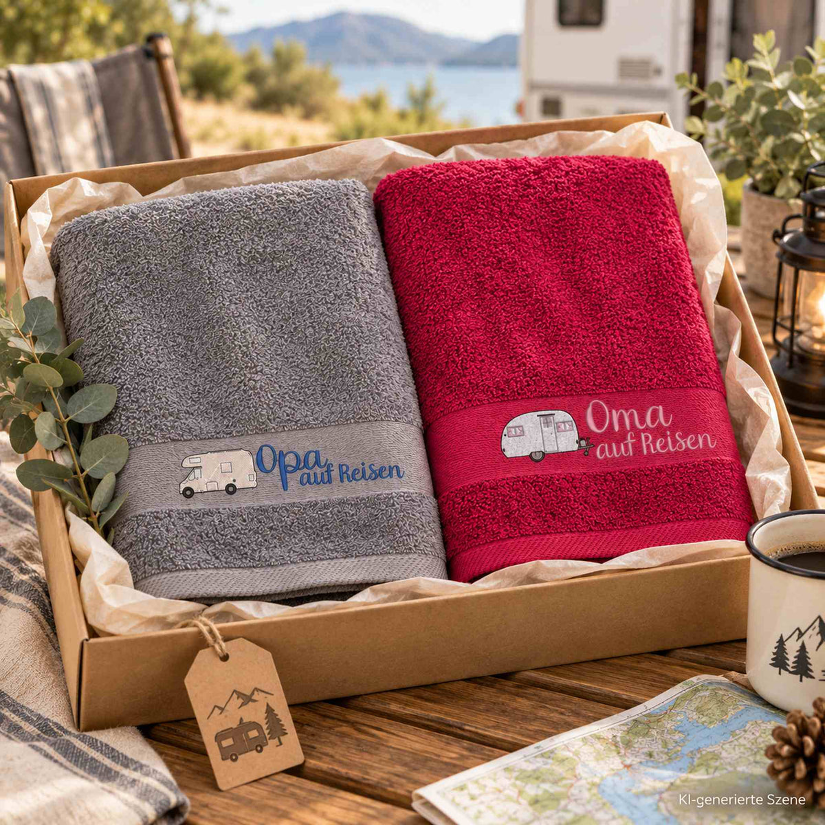 Personalisiertes Camping Handtuch mit Wohnmobil oder Wohnwagen