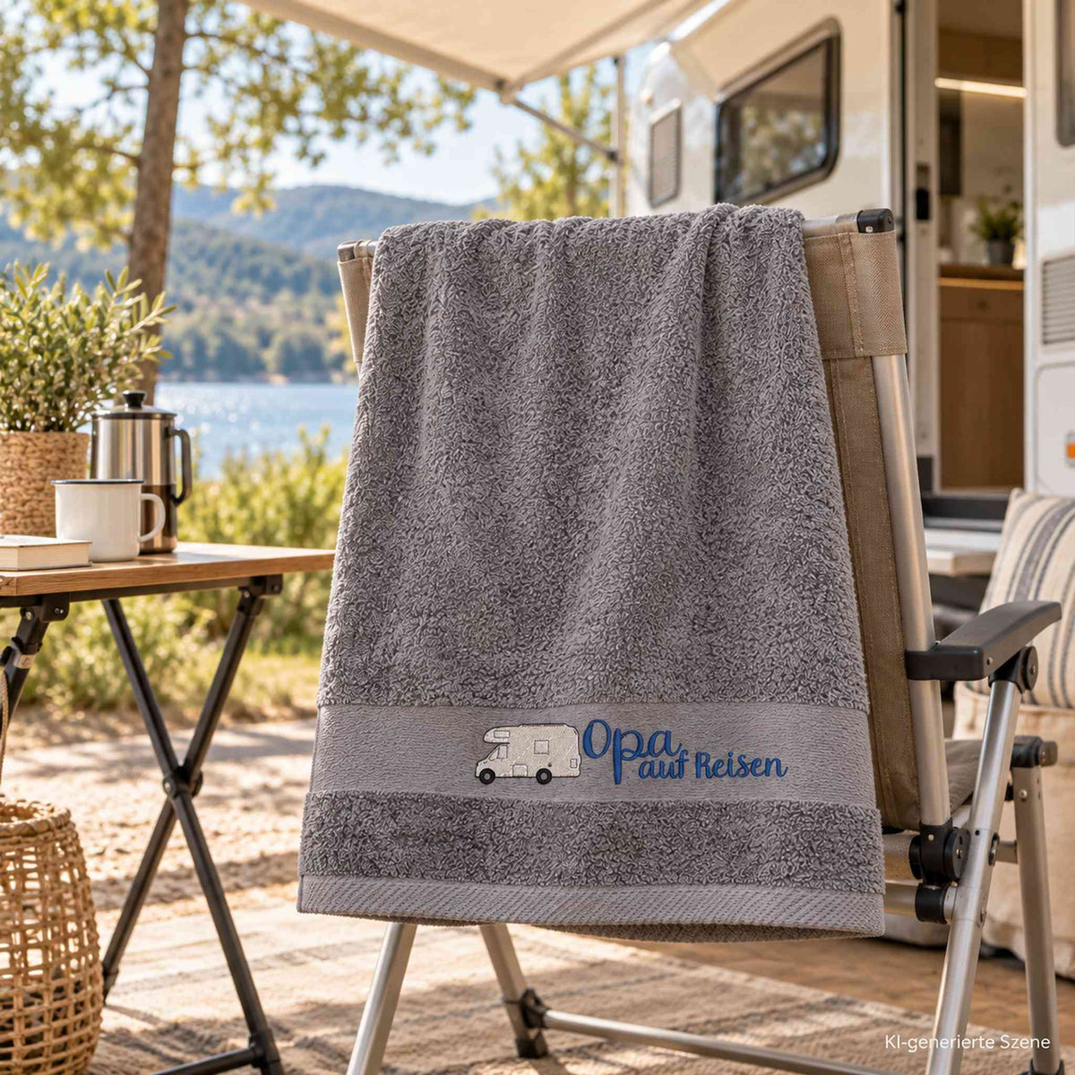 Personalisierte Handtücher mit Wohnmobil und Wohnwagen auf einem Campingplatz am See