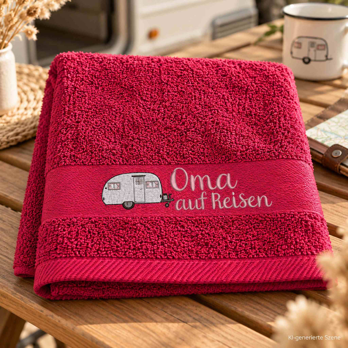 Personalisiertes Handtuch mit Wohnmobil Motiv und Opa auf Reisen bestickt