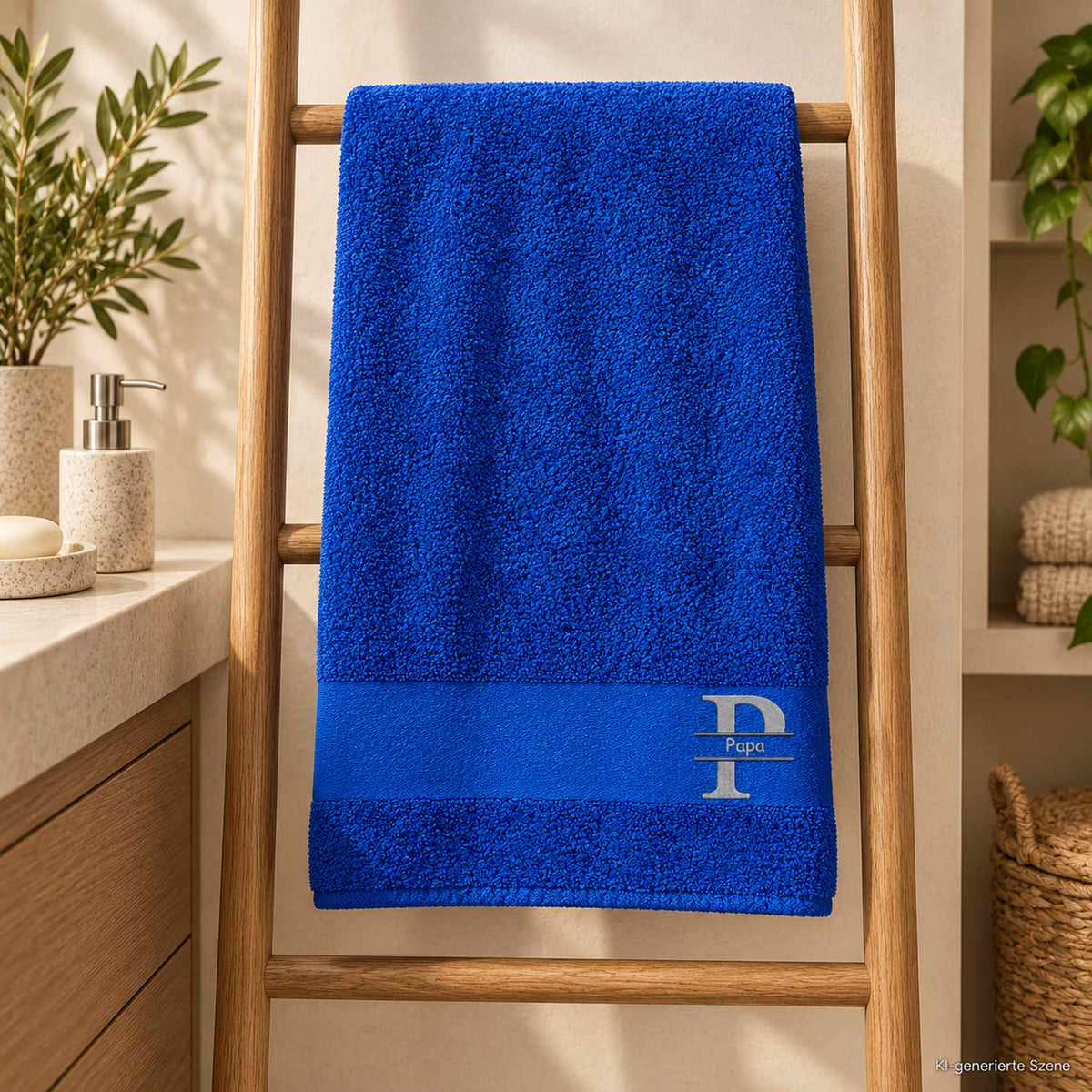 Personalisiertes blaues Handtuch mit Papa Stickerei auf Holzleiter im Badezimmer