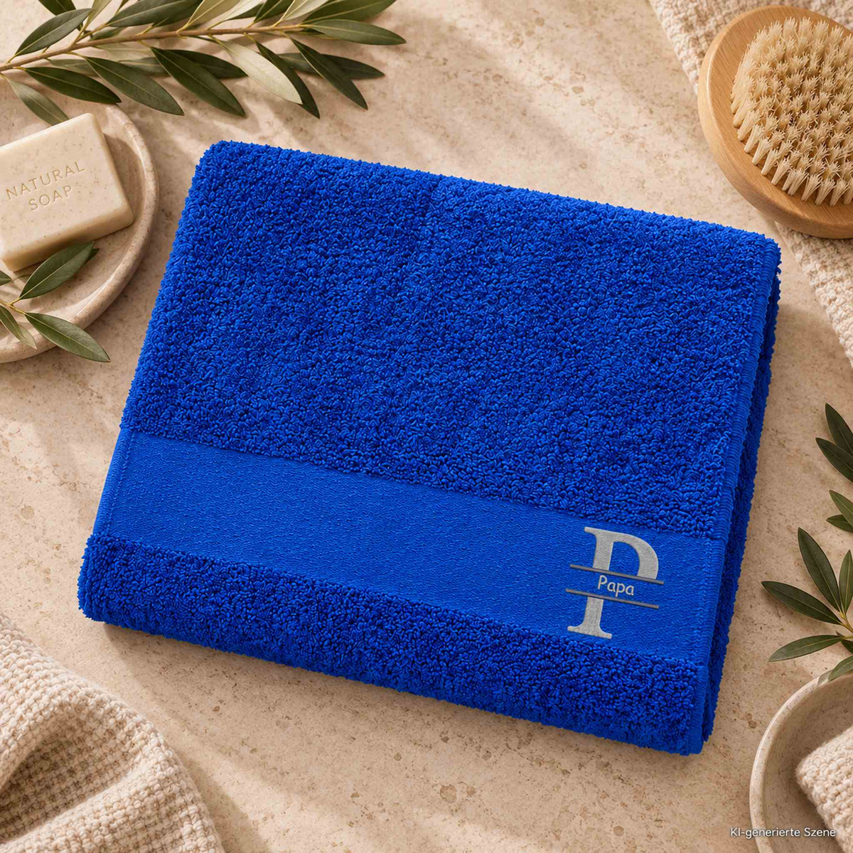 Blaues Handtuch mit Monogramm Papa als hochwertiges personalisiertes Geschenk