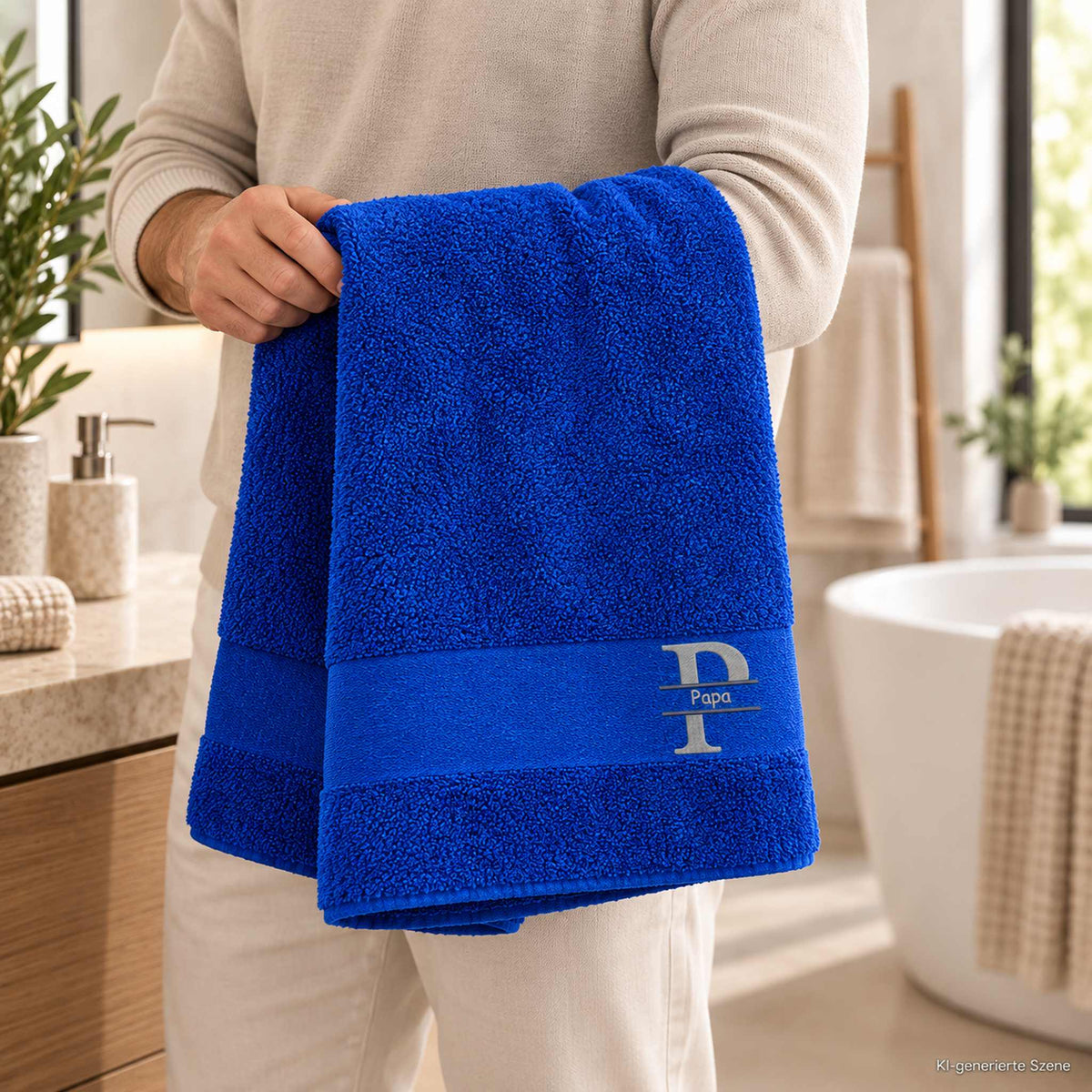 Blaues Handtuch mit Papa Stickerei in den Händen vor modernem Badezimmer
