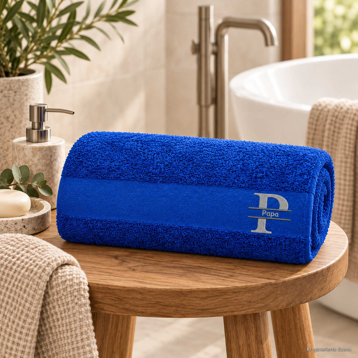Gerolltes blaues Handtuch mit Papa Monogramm auf Holzhocker im Badezimmer