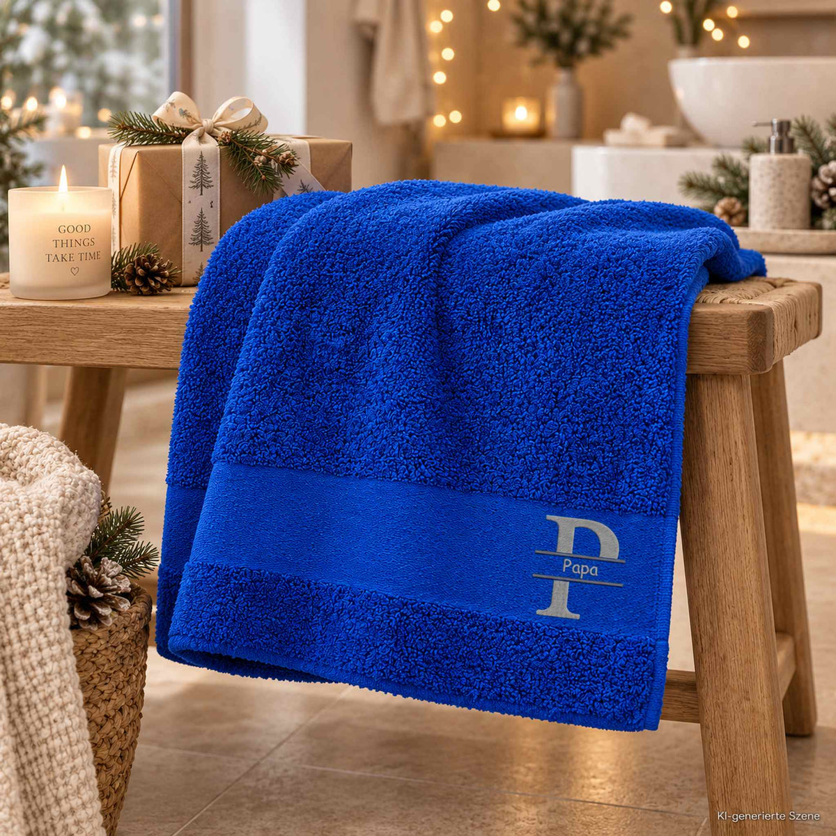 Personalisiertes Handtuch mit Papa Stickerei als Weihnachtsgeschenk im Badezimmer