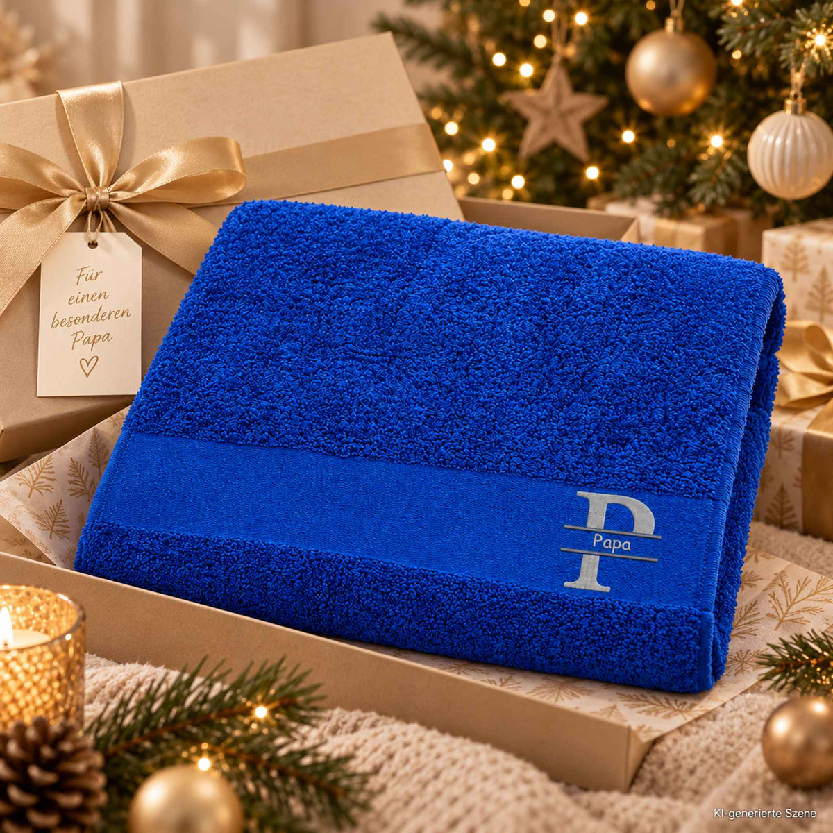 Blaues Handtuch mit Papa Monogramm als personalisiertes Weihnachtsgeschenk