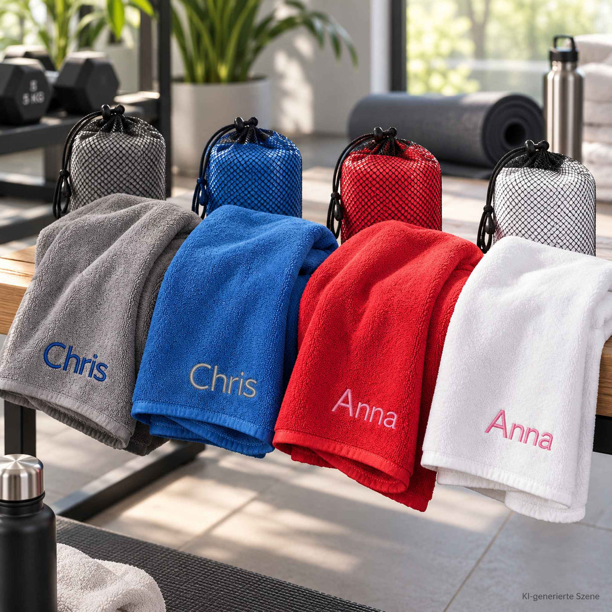 Personalisierte Sporthandtücher mit Namen in Grau Blau Rot und Weiß fürs Fitnessstudio