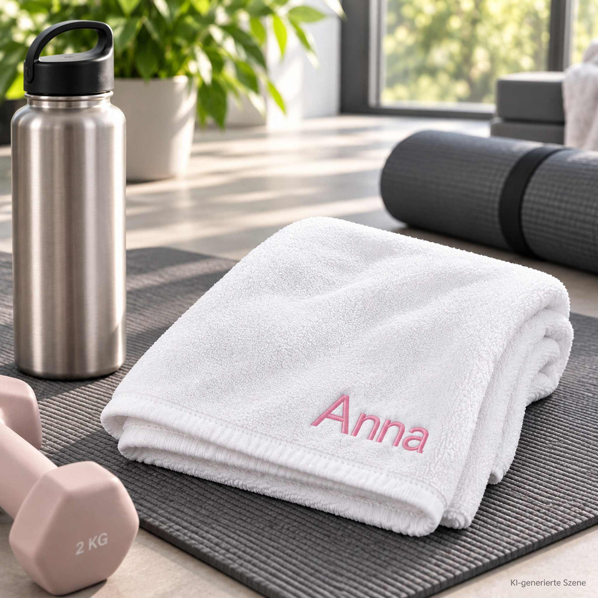 Weißes Sporthandtuch mit Namen Anna in Hellrosa bestickt fürs Fitnessstudio
