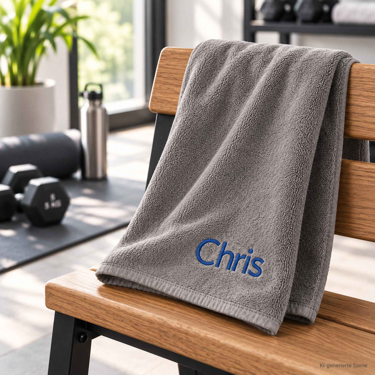 Graues Fitnesshandtuch mit Namen Chris in Blau bestickt auf Trainingsstuhl