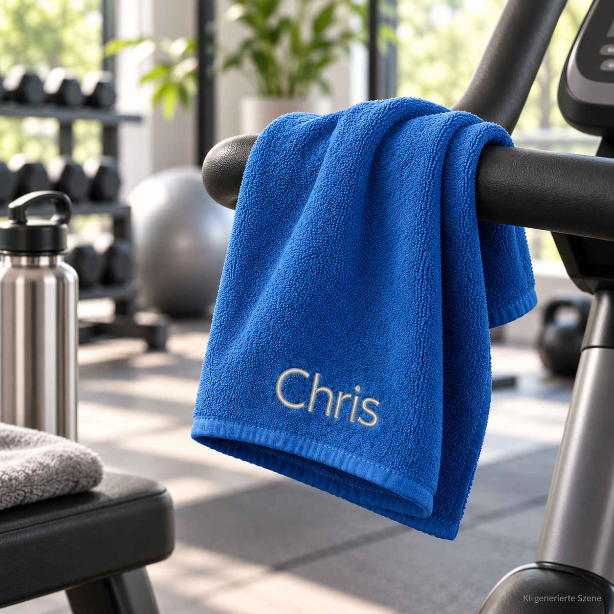 Blaues Fitnesshandtuch mit Namen Chris bestickt am Trainingsgerät