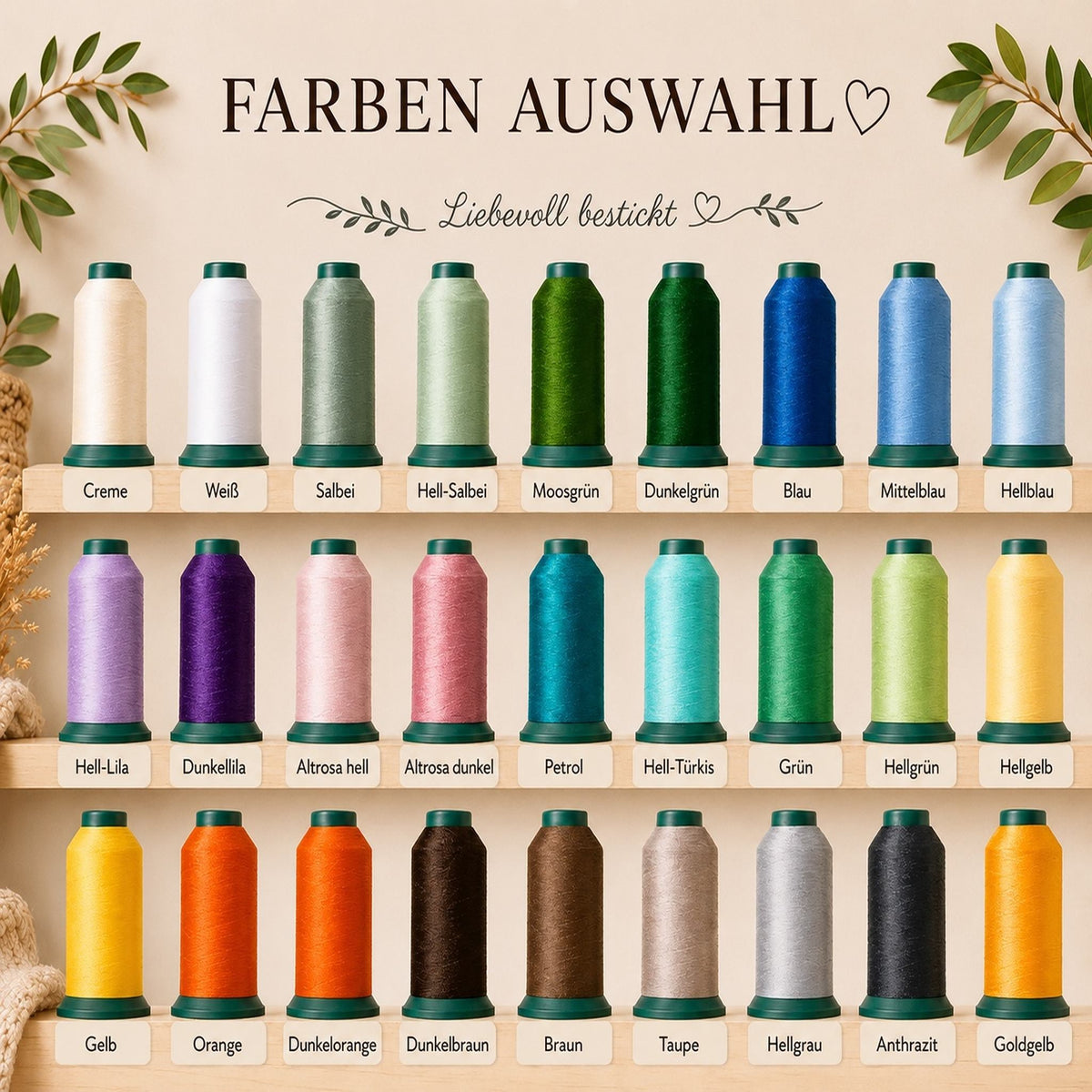 Auswahl verschiedener Stickfarben für personalisierte Geburtstagsshirts