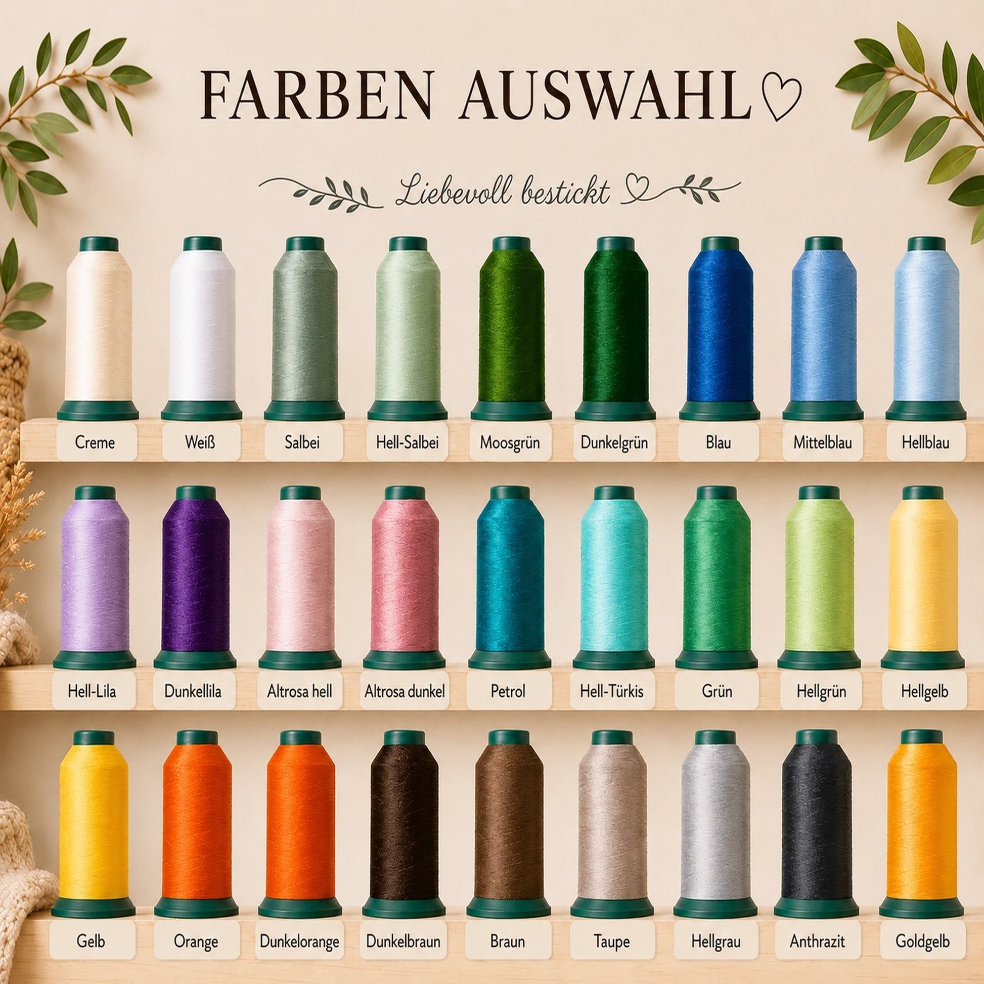 Große Auswahl an Stickfarben für die individuelle Bestickung der personalisierten Zeugnismappe aus Filz.